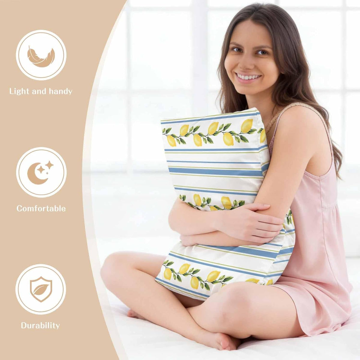 Lemon Striped Standard Pillowcase Set of 2, Yellow Fruit Blue White Satin Pillow Case Cover with Smooth Hidden Zipper Closure, Soft Throw Pillow Covers Cases for Home Decoration 20 X 26 Inches