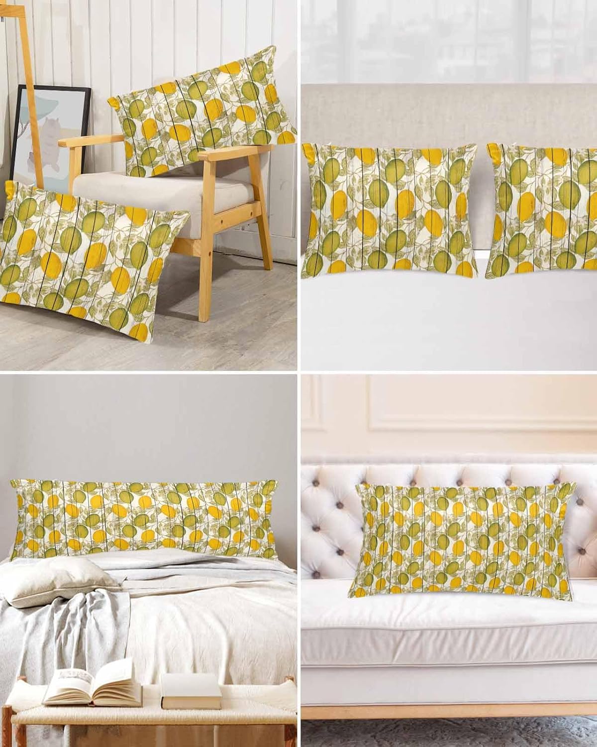 Floral Standard Pillowcase Set of 2, Yellow Green Lemon Leaves Branches Wood Grain Satin Pillow Case Cover with Smooth Hidden Zipper Closure, Soft Throw Pillow Covers Cases for Home Decor 20X26 Inch