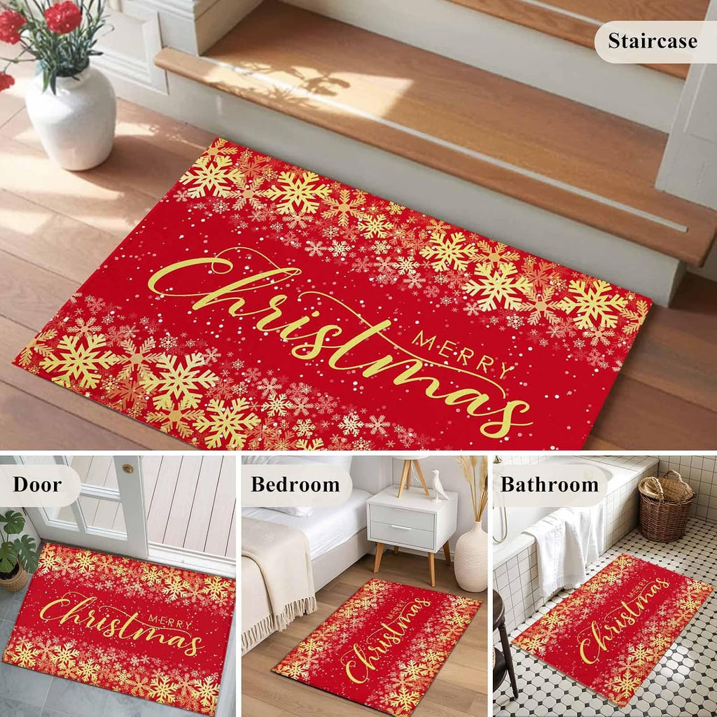 Merry Christmas 2x3 Area Rugs for Living Room, Winter Snowflakes Retro Yellow Red Non Slip Floor Mat Washable Low-Profile Indoor Carpet for Bedroom, Dining Room, Bathroom