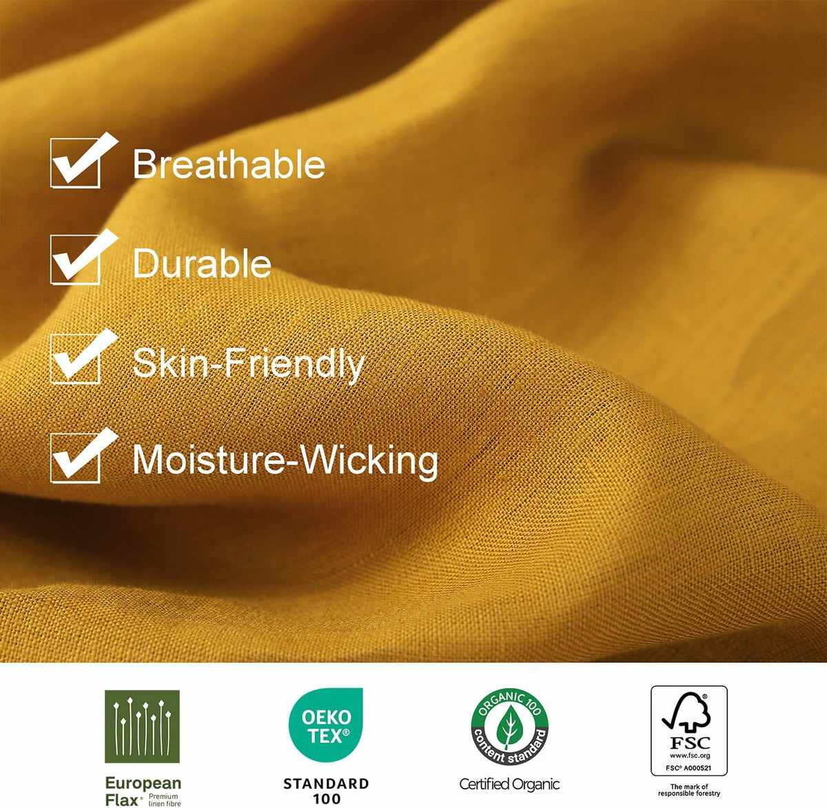 100% Organic Linen Flat Sheet Queen Size Only 1 Piece-Stone Washed French Flax Bed Sheet,Soft Flat Top Sheet Breathable(90"x102",Yellow)