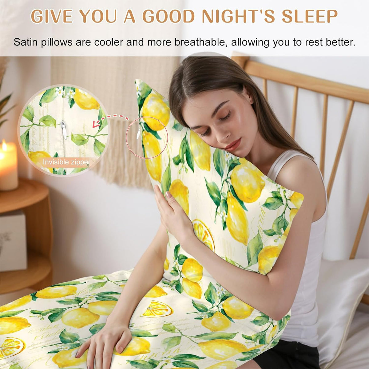 Yellow Lemon King Pillow Cases, Watercolor Fruit Leaves Satin Pillow Case Cover with Smooth Hidden Zipper Closure, Soft Throw Pillow Covers Cases for Home Decoration 20 X 40 Inches