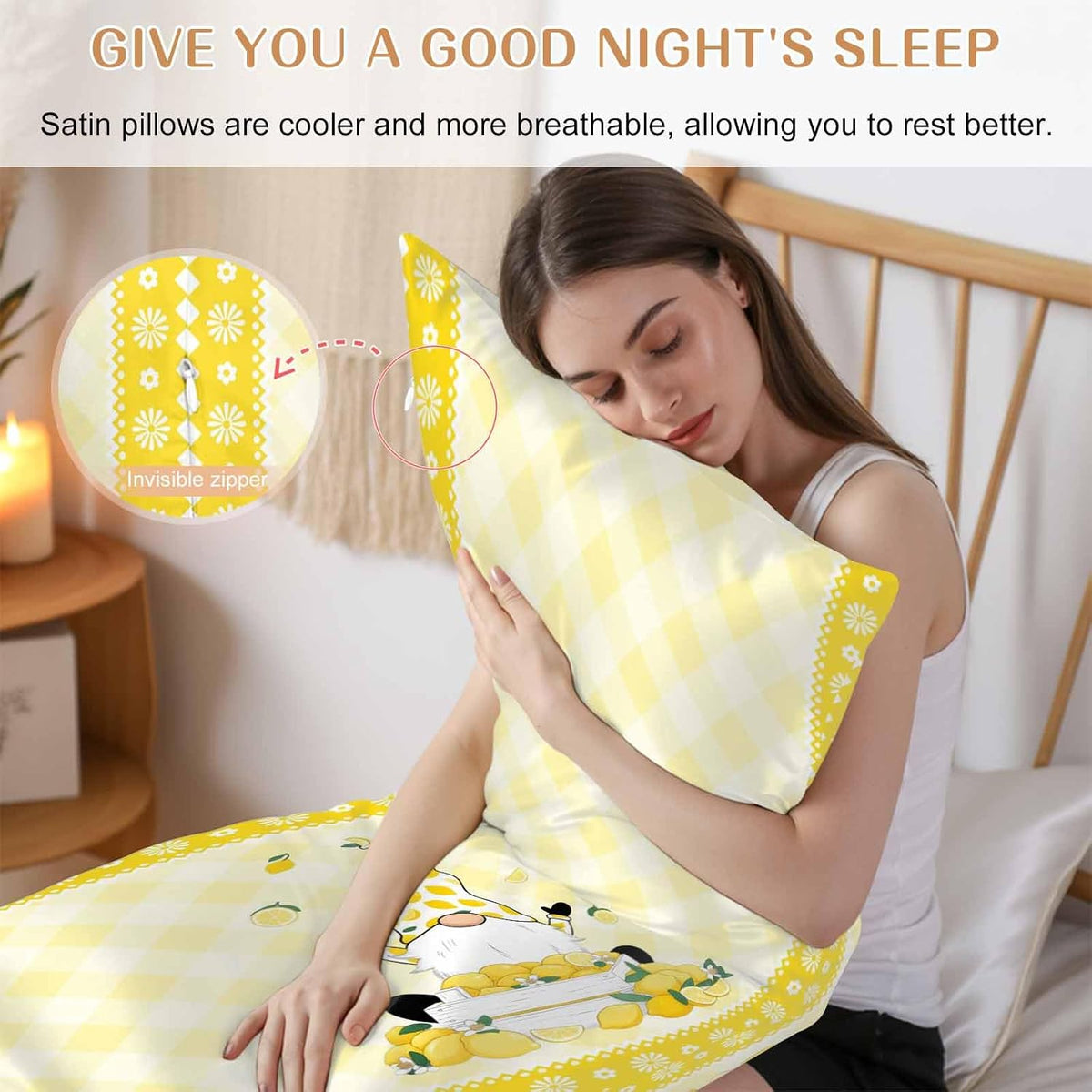 Vintage Fruit Gnomes Body Size Pillowcases, Summer Lemon Yellow Check Satin Pillow Case Cover with Smooth Hidden Zipper Closure, Soft Throw Pillow Covers Cases for Home Decor 20 X 54 Inches