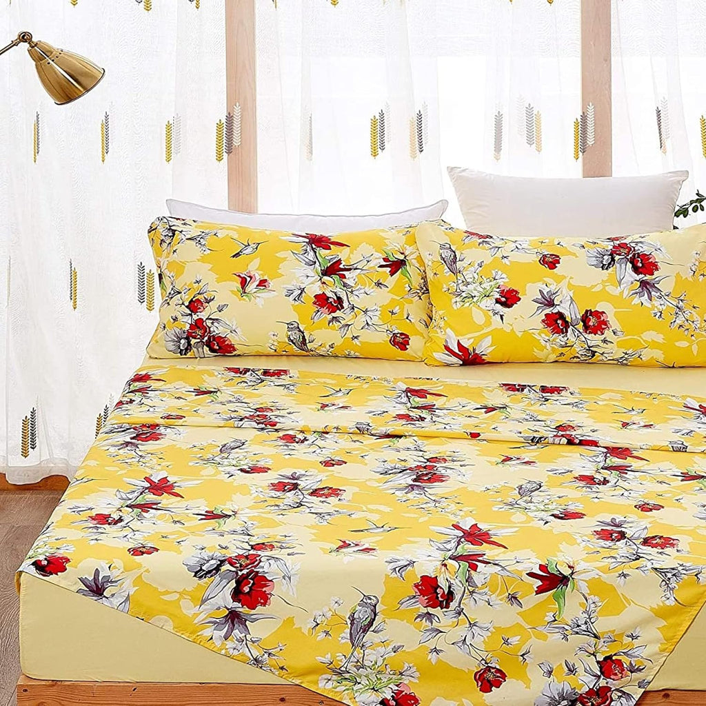 DaDa Bedding Yellow Floral Sheet Set, Queen 4 Piece Hummingbird Print