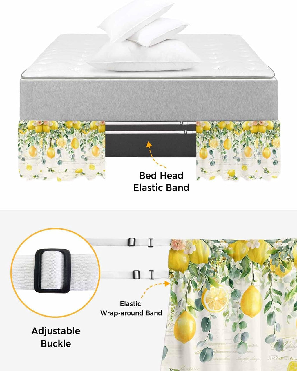Watercolor Lemon Bed Skirt Queen Size 16 Inch Drop, Adjustable Elastic Wrap Around Bed Skirts Easy Fitting Dust Ruffle Bedskirt Bed Frame Cover Eucalyptus Leaf Fruit Yellow Flower