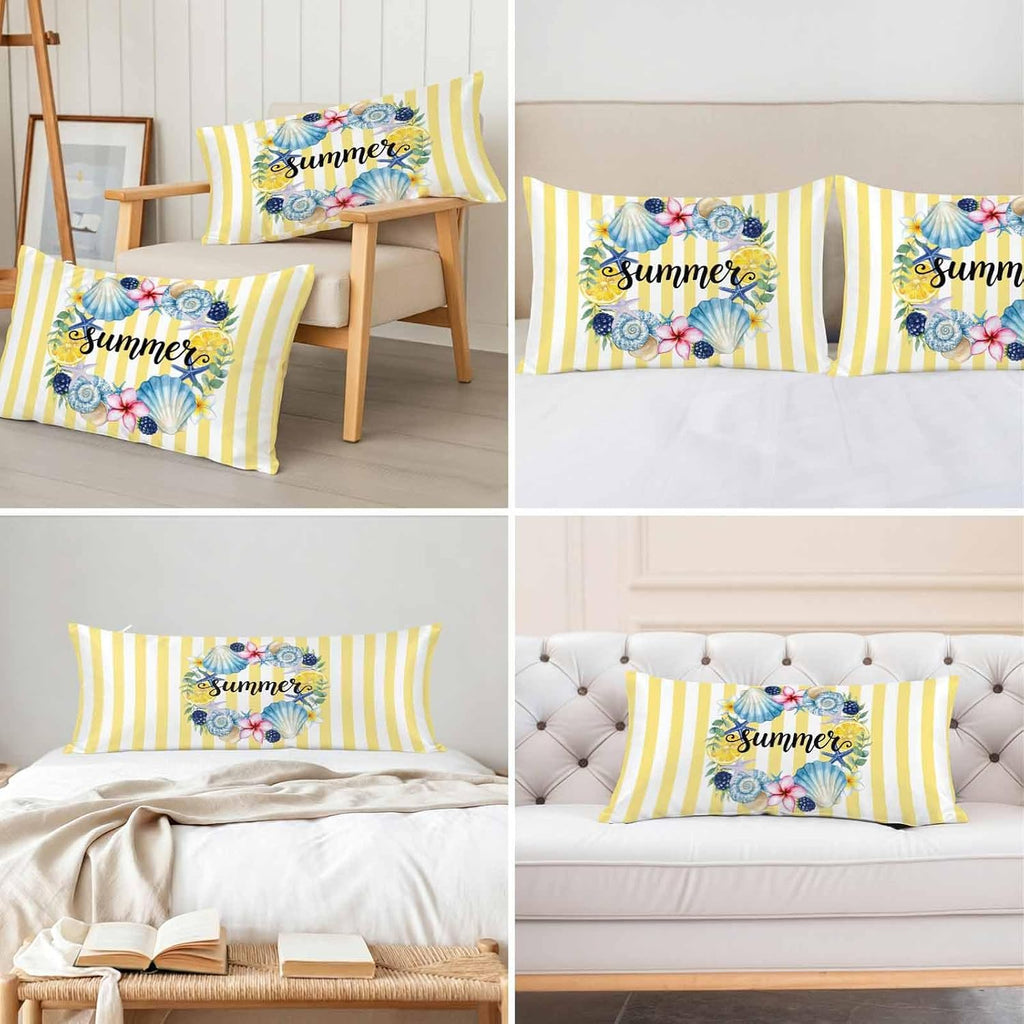 Summer Standard Pillowcase Set of 2, Lemons Starfish Flower Stripes Yellow Satin Pillow Case Cover with Smooth Hidden Zipper Closure, Soft Throw Pillow Covers Cases for Home Decoration 20 X 26 Inches