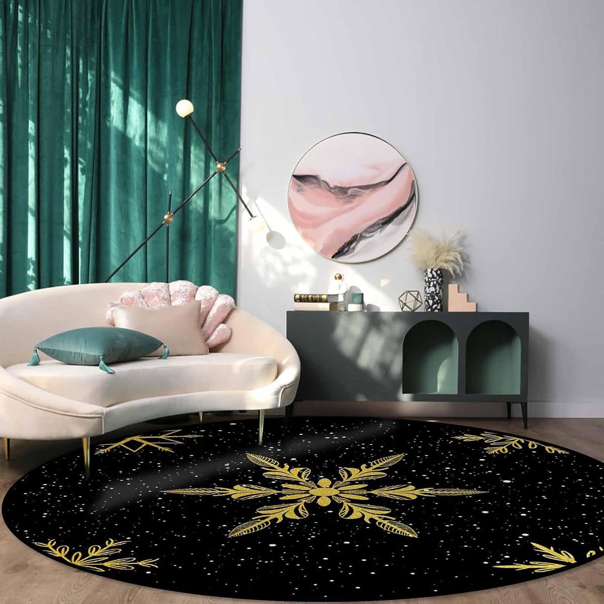 Christmas Round Area Rugs for Living Room/Bedroom/Entryway, Yellow Winter Snowflake Christmas Black Round Rugs 5Ft - Non Skid Rug Soft Circle Rug Runner Kids Room Floor Mats Throw Carpet