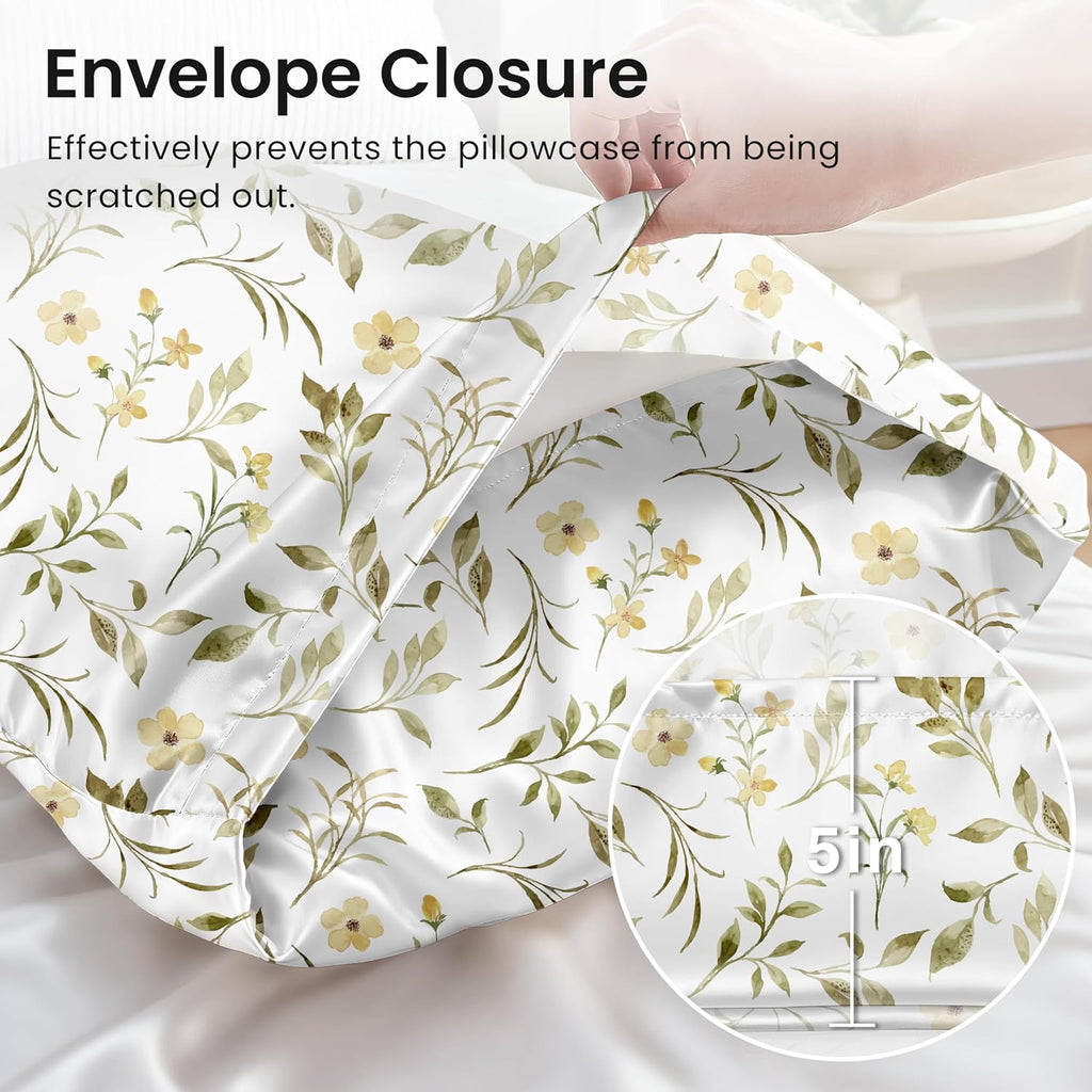 EXQ Home Satin Pillowcase for Hair and Skin Queen - Printed Yellow Sprig