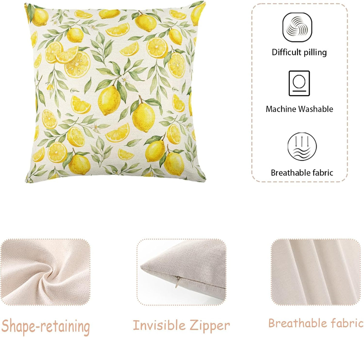 White Base Watercolor Yellow Lemon Linen Throw Pillow Cover 18x18 InchSet of 2 Fresh Farmhouse Decor, No Pillow Insert