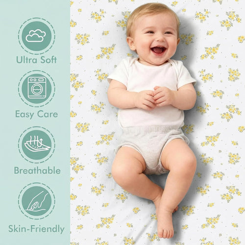 4 Pack Stretchy Bassinet Sheets 20" x 35" Compatible with Newton, Ezebaby, Angelbliss, AMKE(3 in 1) & Other Large Bedside Sleeper - Soft Breathable Fitted Bassinet Sheets - Light Floral Yellow