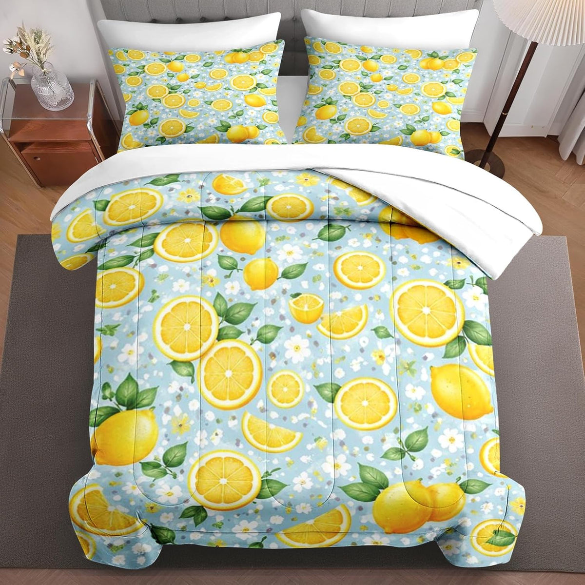 Twin Comforter Set, 5 Pieces Lemon Summer Bedding Set