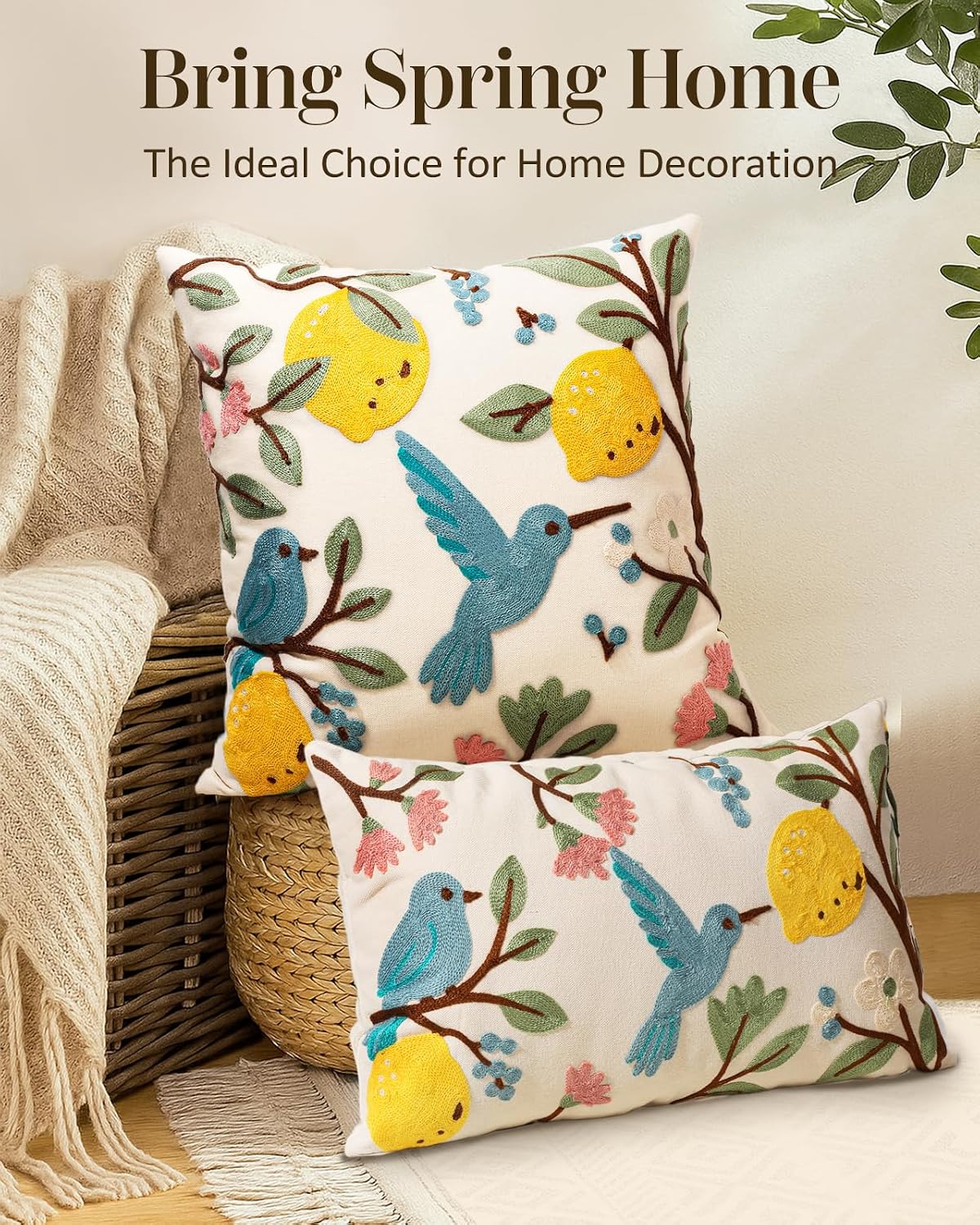 Embroidered Lumbar Pillow Cover 20x12 Inch, Bird Lemon