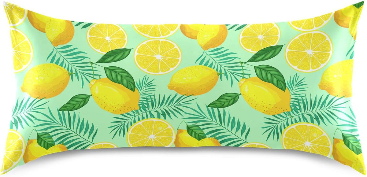 Yellow Lemon and Green Leaves Satin Pillow Cases, Soft Cozy Wrinkle Free Pillow Covers, Machine Washable Pillowcase Covers with Envelope Closure Standard Size 20” x 26”