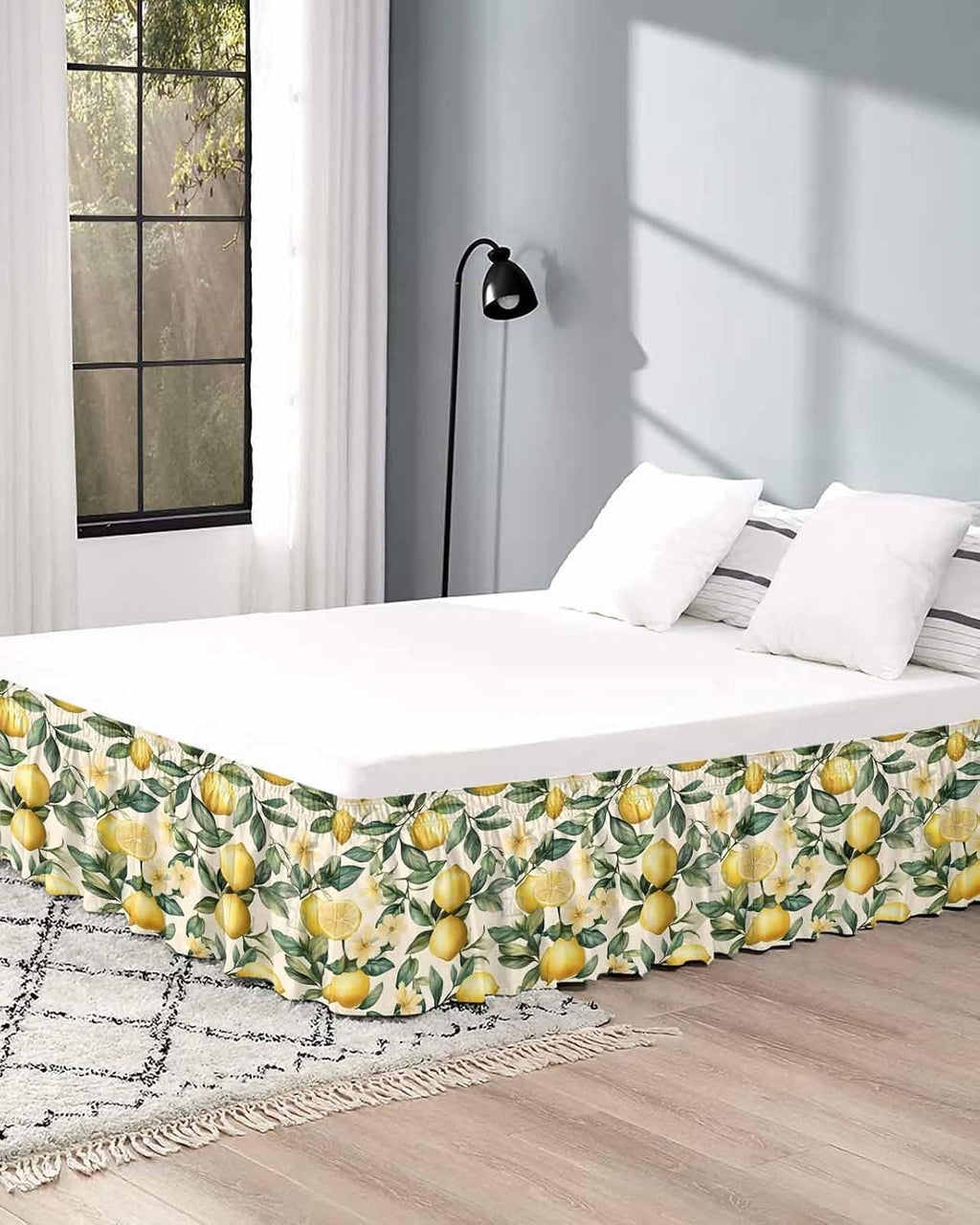 Yellow Lemon Bed Skirt Queen Size 16 Inch Drop, Adjustable Elastic Wrap Around Bed Skirts Easy Fitting Dust Ruffle Bedskirt Bed Frame Cover Floral Fruit Spring Summer Watercolor Green