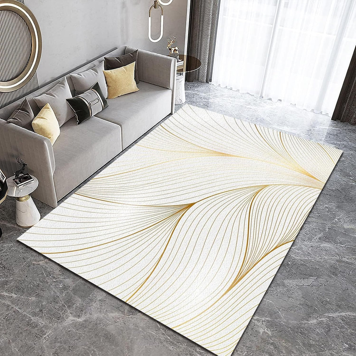 Modern Light Luxury Area Rug for Living Room, Gold Yellow Abstract Lines Design Rug, Soft Non-Slip Indoor Carpet White Washable Throw Rug for Bedroom Hallway Office 4.6x6.6ft