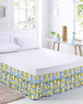 Yellow Lemon Bed Skirt Queen Size 16 Inch Drop, Adjustable Elastic Wrap Around Bed Skirts Easy Fitting Dust Ruffle Bedskirt Bed Frame Cover Botanical Spring Leaves Abstract Blue Tile