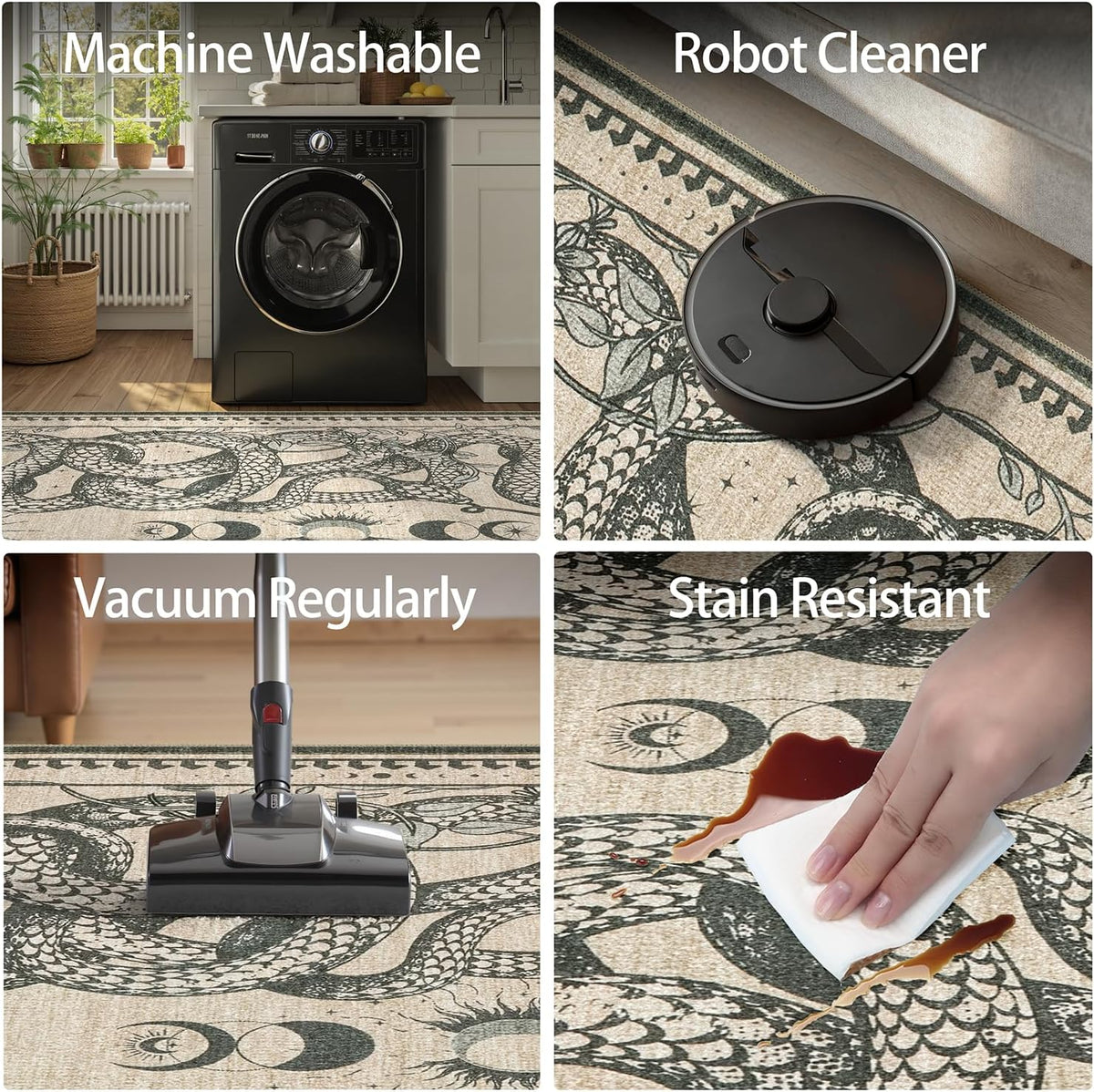 DCX 4x6 Washable Snake Rug for Living Room, Non Slip Low Pile Rug, Beige