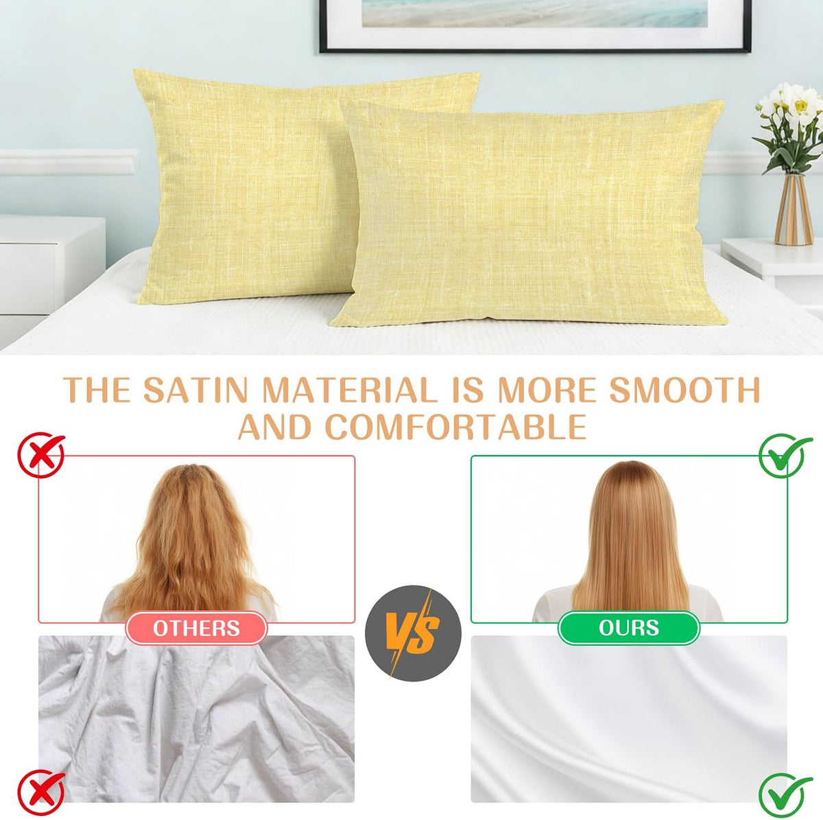 Satin Pillowcases Standard Size, Lemon Yellow Silk Pillow Cases for Hair and Skin with Zipper 2 Pack, Farmhouse Vintage Yellow Solid Color Modern Smooth Throw Pillow Covers for Sleeping, 20"x26"