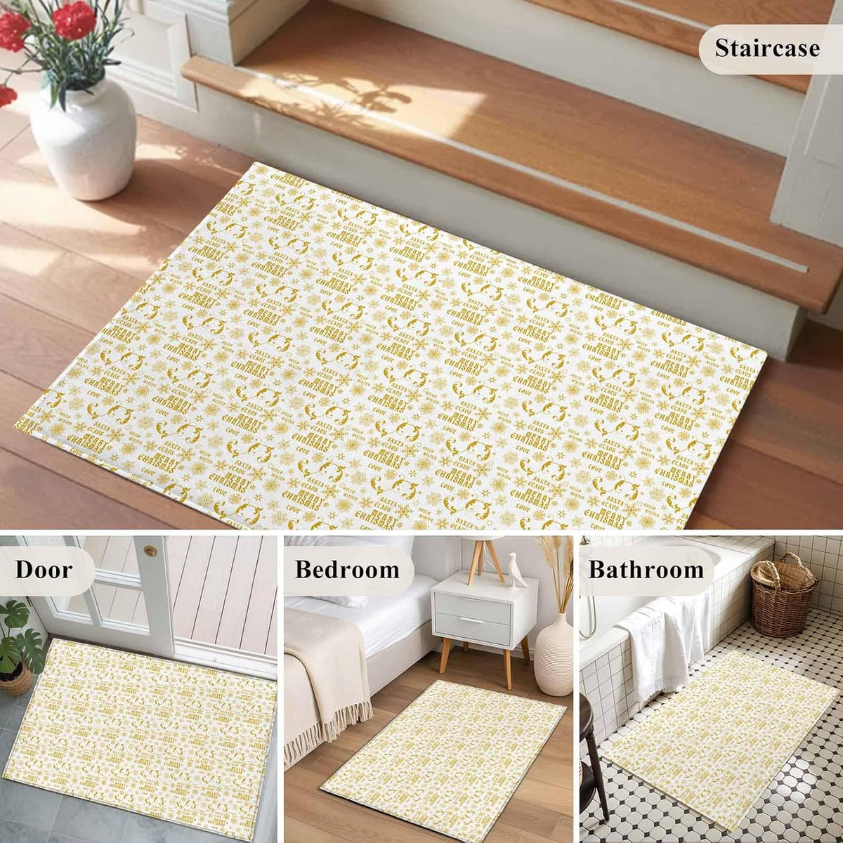 Christmas Winter 2x3 Area Rugs for Living Room, Snowflake Xmas Flower Yellow White Non Slip Floor Mat Washable Low-Profile Indoor Carpet for Bedroom, Dining Room, Bathroom