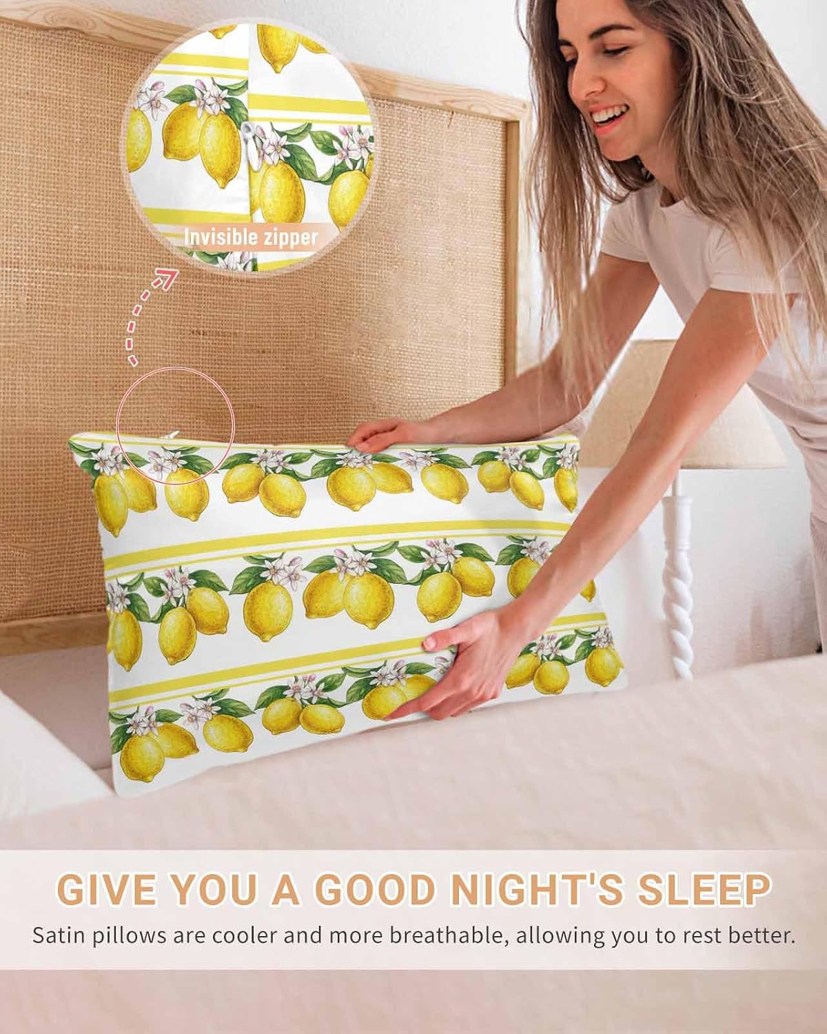 Lemon Summer Pillow Cases Standard Size Set of 2, Satin Pillowcase for Hair and Skin, Watercolor Fruits Yellow Stripes Throw Pillow Covers Cooling Pillow Protector with Zipper 20"x26"x2