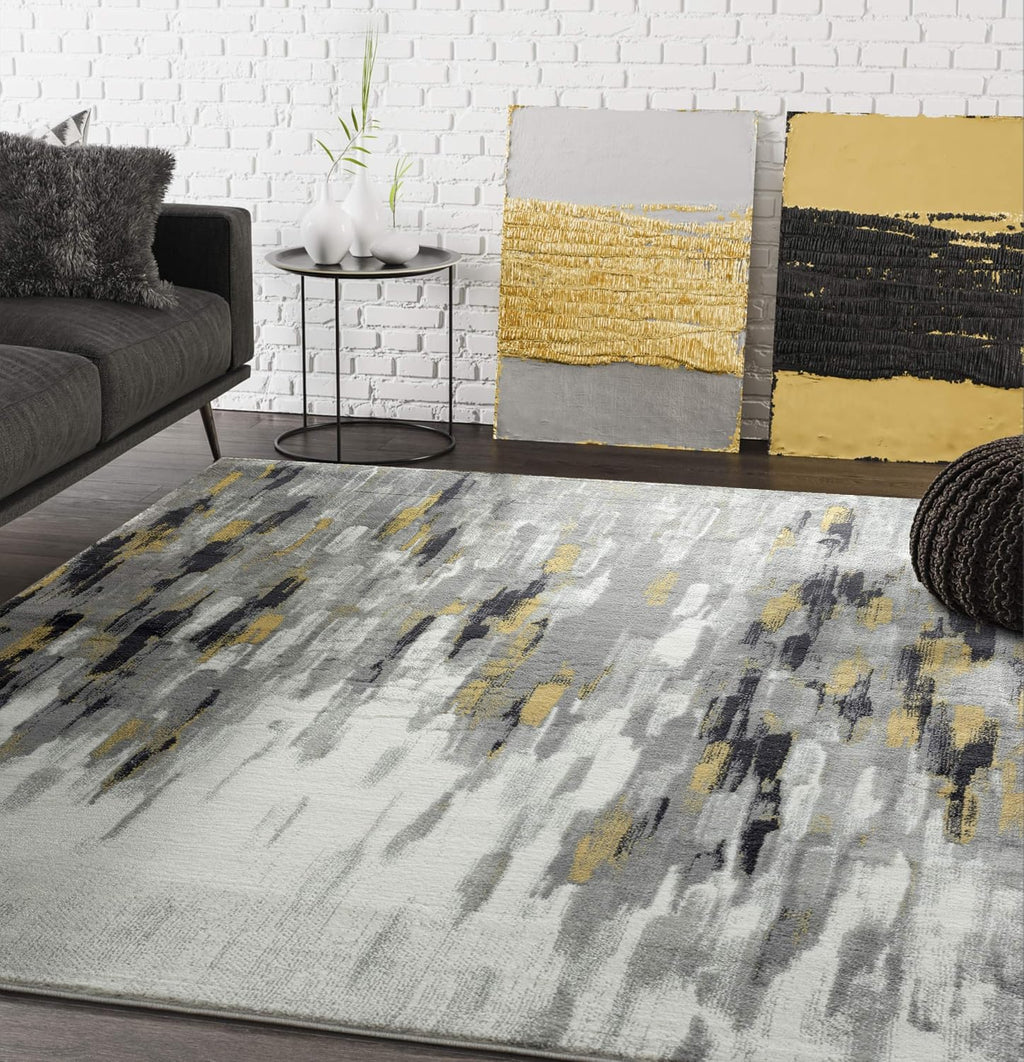 Porto PRT140C Contemporary Grey and Yellow Abstract Area Rug 5'3"x7'6"