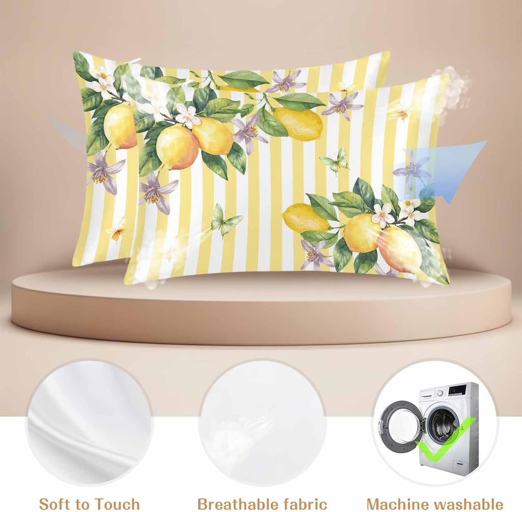Lemon Standard Pillowcase Set of 2, Butterfly Flower Yellow Stripes Satin Pillow Case Cover with Smooth Hidden Zipper Closure, Soft Throw Pillow Covers Cases for Home Decoration 20 X 26 Inches
