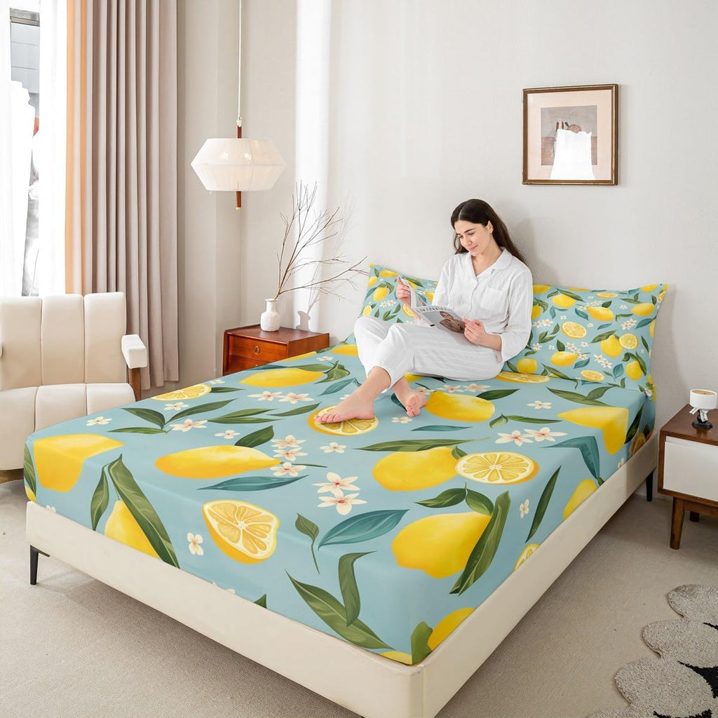 Lemon Bed Sheets Set 16" Deep Pocket for Kids Boys Girls Floral Botanical Fitted Sheet Queen Size Summer Theme Tropical Fruit Bedding Set Yellow Green Bedroom Decor Breathable Soft